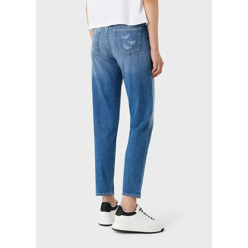 Load image into Gallery viewer, EMPORIO ARMANI J90 MEDIUM-WAISTED, RELAXED-FIT LEG, JEANS IN COMFORT DENIM WITH LASER-CUT EAGLES - Yooto

