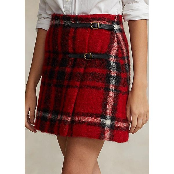 POLO RALPH LAUREN PLAID LEATHER-TRIM WRAP SKIRT - Yooto