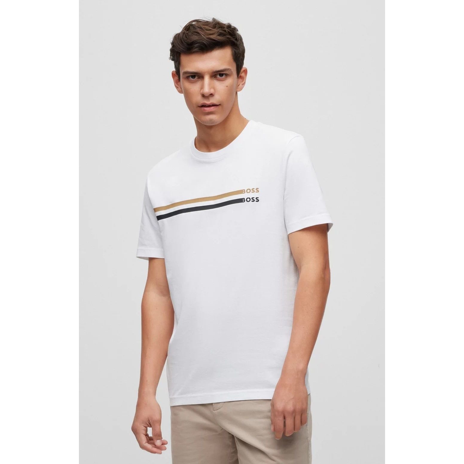 BOSS COTTON-JERSEY T-SHIRT WITH SIGNATURE-STRIPE LOGO PRINT - Yooto