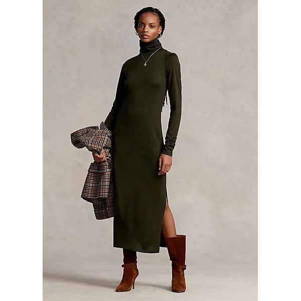 POLO RALPH LAUREN BELTED JERSEY ROLL NECK DRESS - Yooto