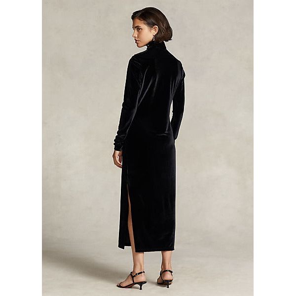 POLO RALPH LAUREN STRETCH VELVET ROLL NECK MIDI DRESS - Yooto