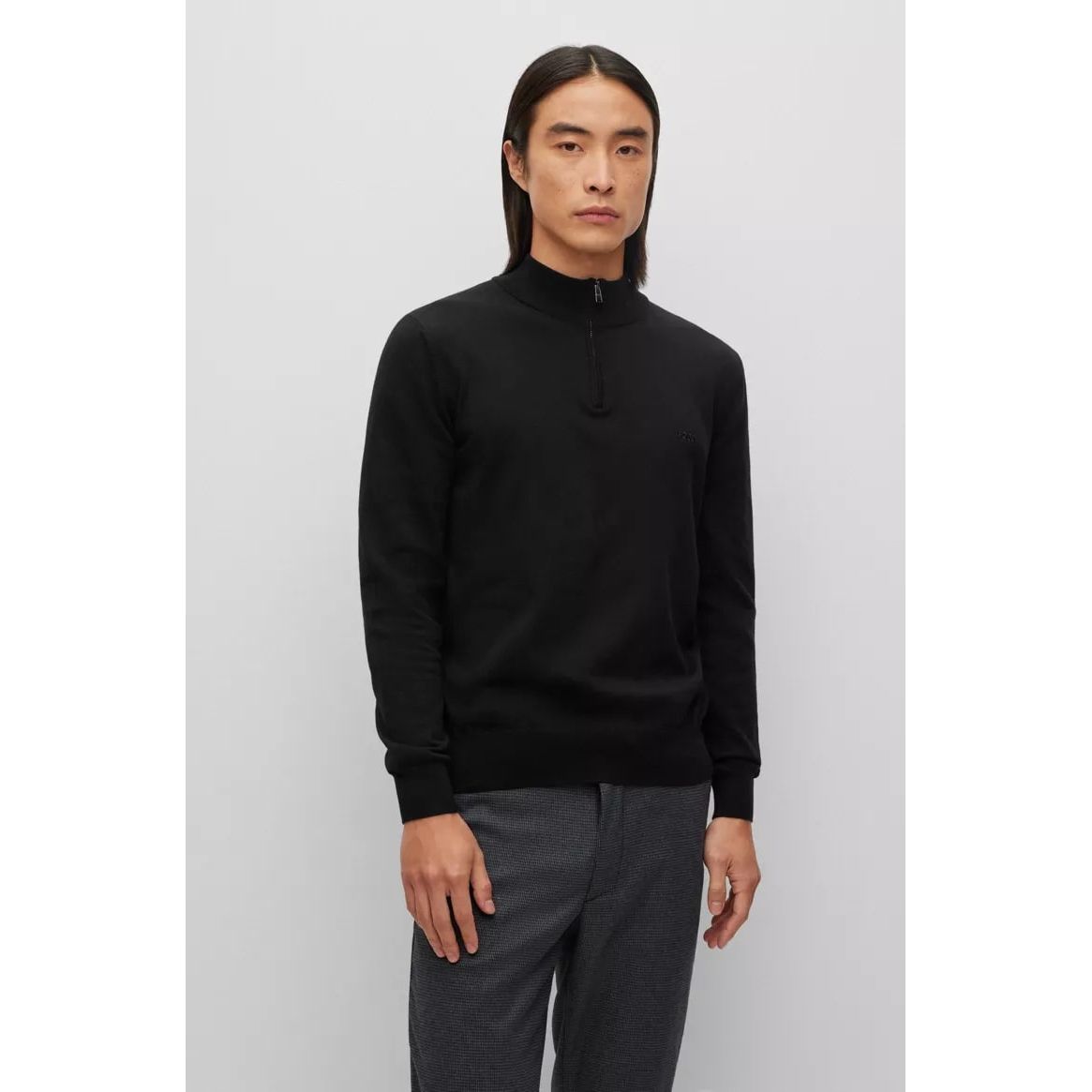 BOSS ORGANIC-COTTON ZIP-NECK SWEATER WITH EMBROIDERED LOGO - Yooto