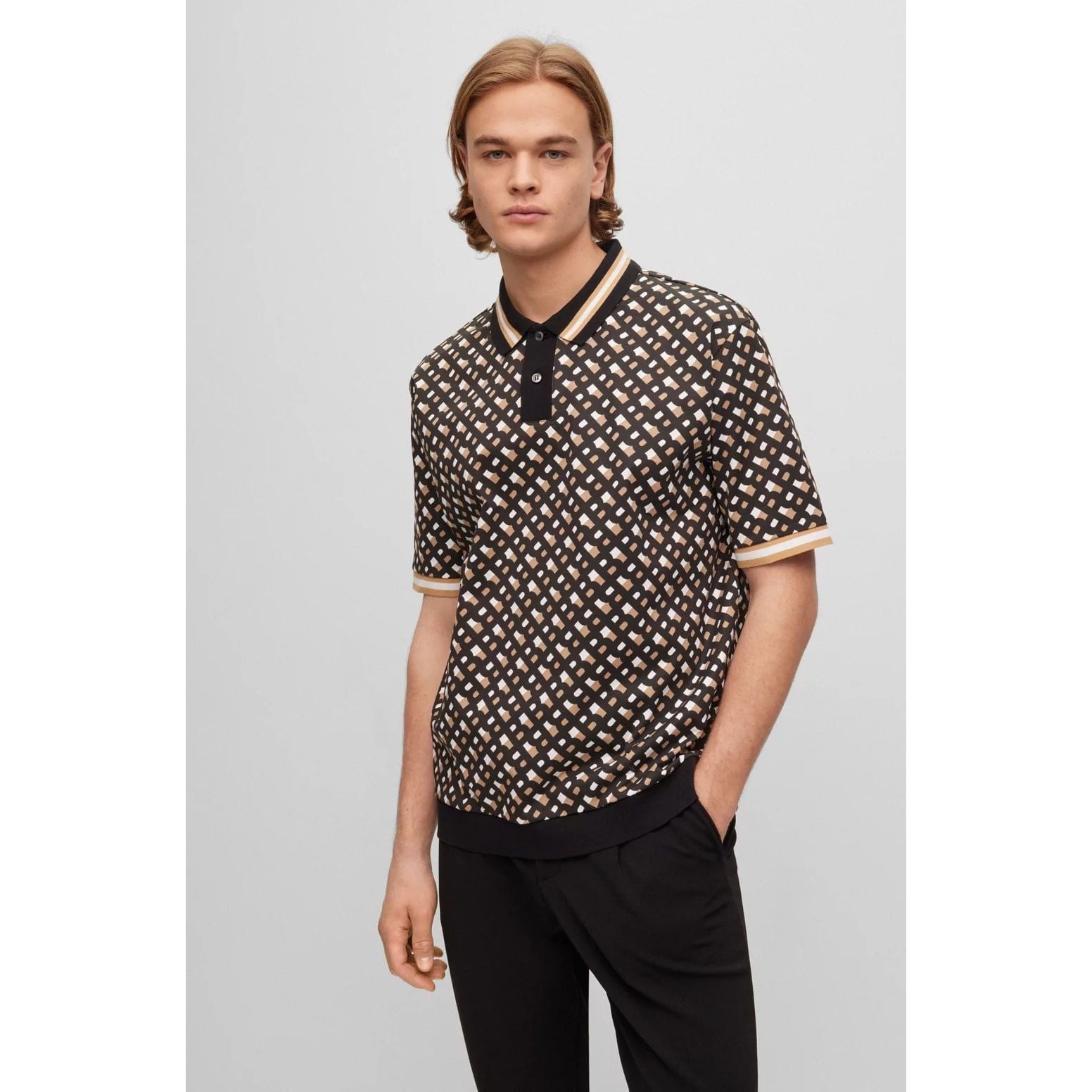 BOSS OVERSIZED-FIT MERCERISED-COTTON POLO SHIRT WITH PRINTED MONOGRAMS - Yooto