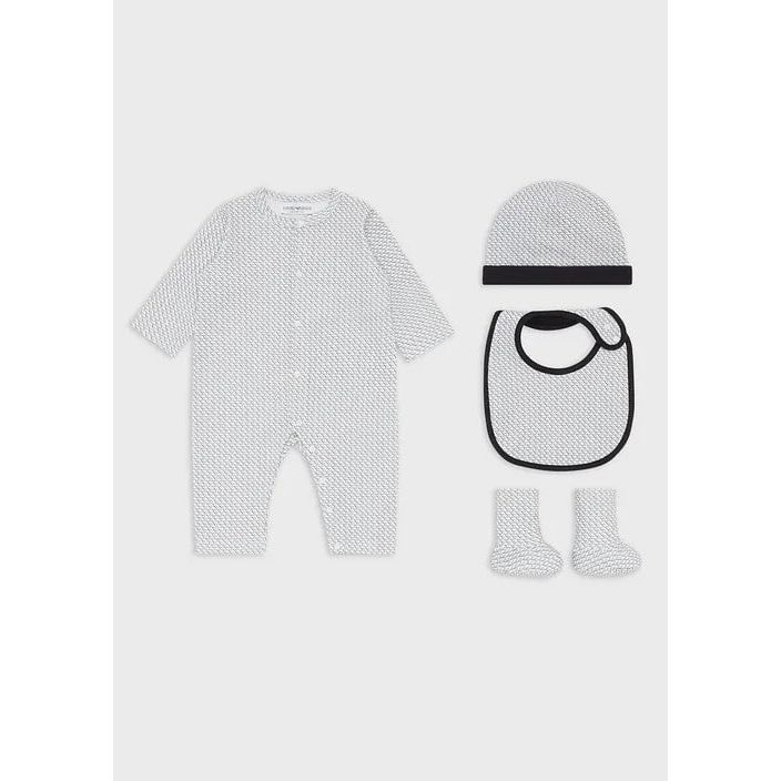 EMPORIO ARMANI KIDS GIFT SET CONSISTING OF OP-ART EAGLE BOOTIES, BIB, ONESIE AND BEANIE - Yooto