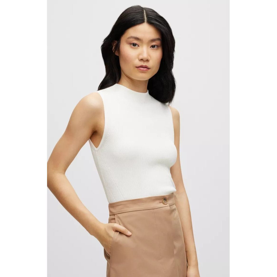 BOSS SLEEVELESS MOCK-NECK TOP WITH RIBBED STRUCTURE - Yooto