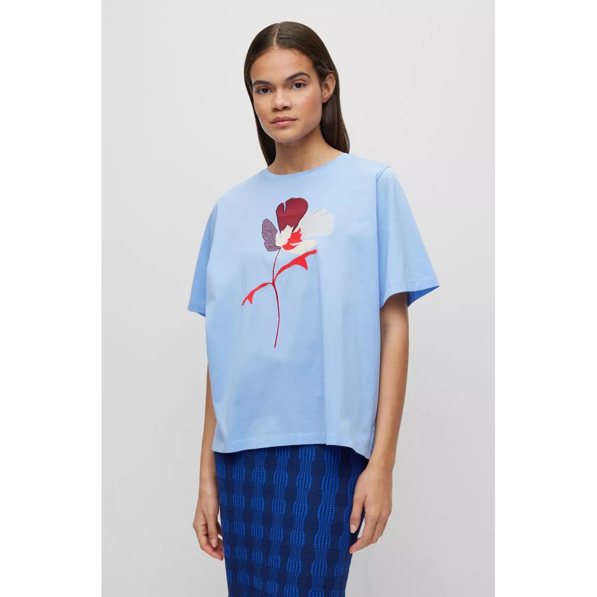 BOSS MERCERISED-COTTON T-SHIRT WITH FLOWER ARTWORK - Yooto