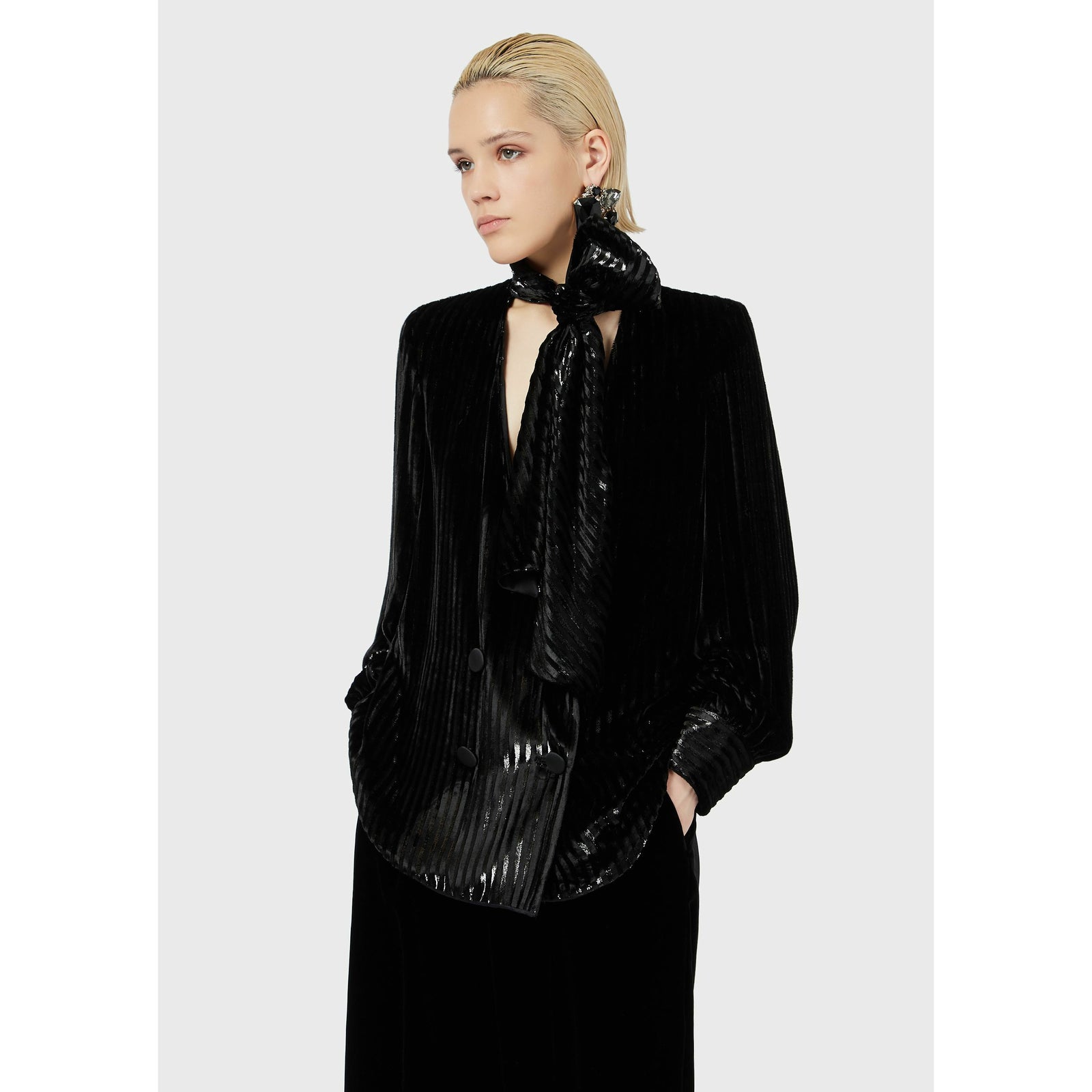 DOUBLE-BREASTED JACKET IN STRIPED LUREX VELVET WITH FOULARD - Yooto