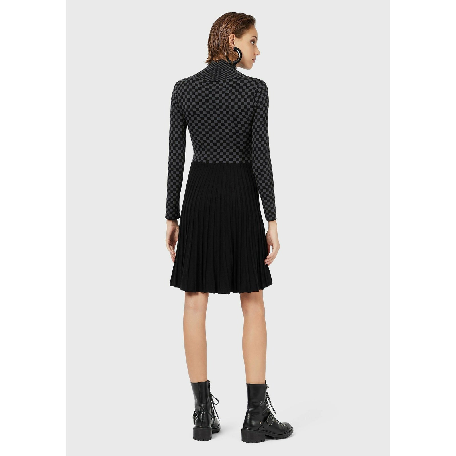 TWO-TONED JACQUARD DRESS WITH CHECKED MOTIF - Yooto