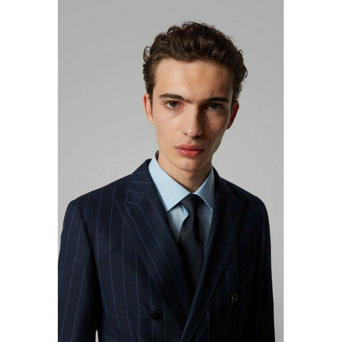 DOUBLE-BREASTED SLIM-FIT SUIT IN PINSTRIPE VIRGIN WOOL - Yooto