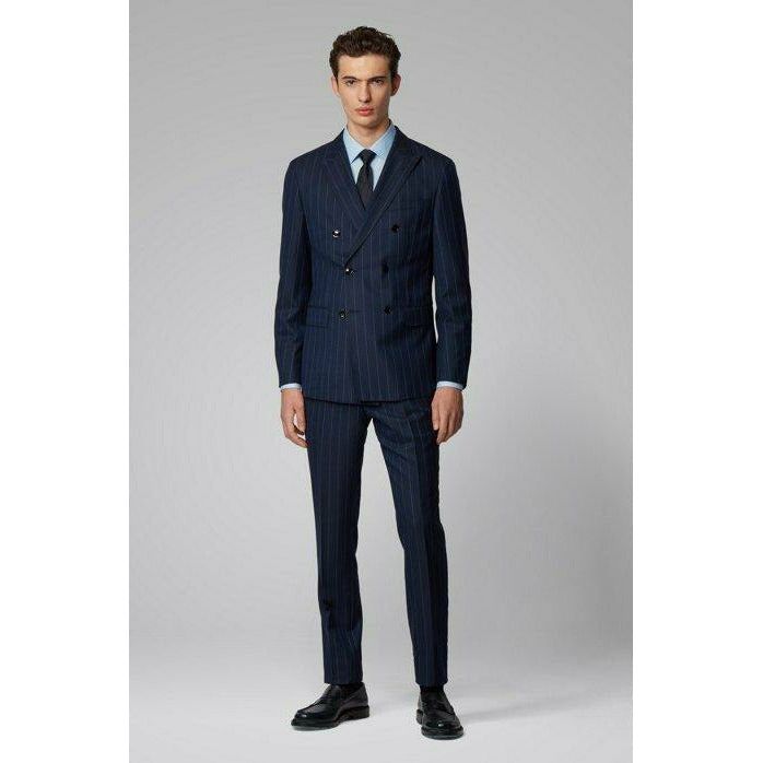 DOUBLE-BREASTED SLIM-FIT SUIT IN PINSTRIPE VIRGIN WOOL - Yooto