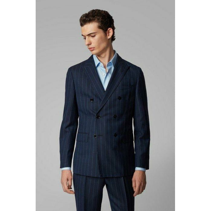 DOUBLE-BREASTED SLIM-FIT SUIT IN PINSTRIPE VIRGIN WOOL - Yooto