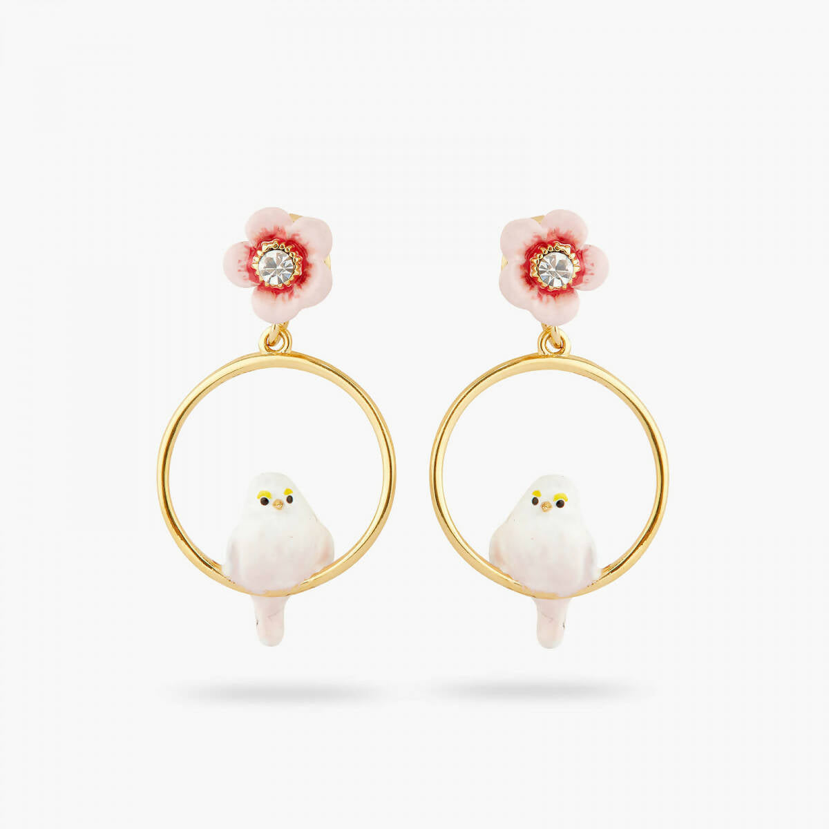 LONG-TAILED TIT AND ROSE HIP ASYMMETRICAL POST HOOP EARRINGS - Yooto